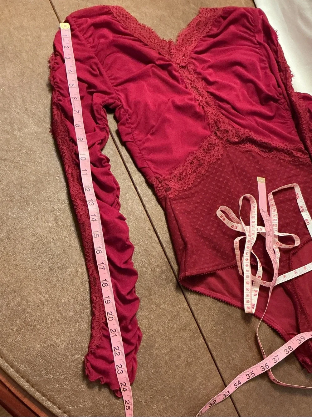 Intimately Free People Burgundy Lace-Trim Long Sleeve Bodysuit Sz SP